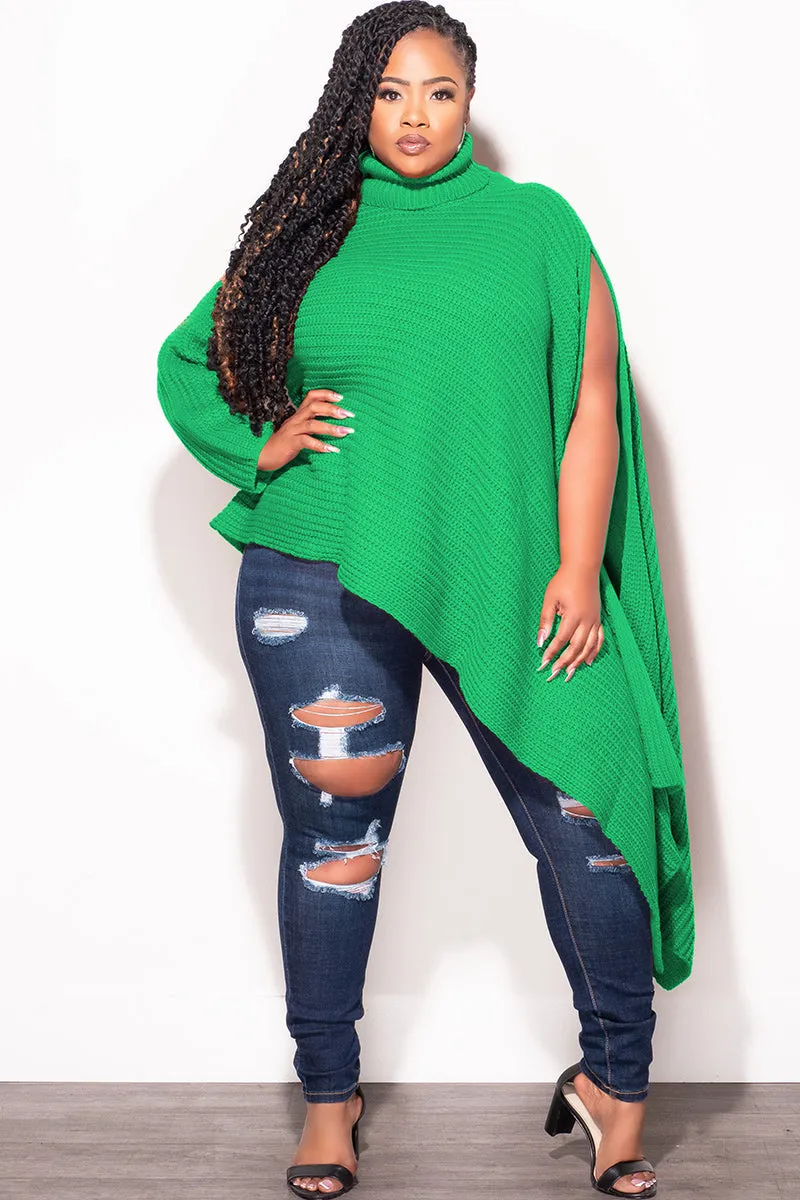 Movement Ready Minimal Comfort Final Sale Plus Size One Shoulder Turtleneck Sweater Poncho in  Kelly Green