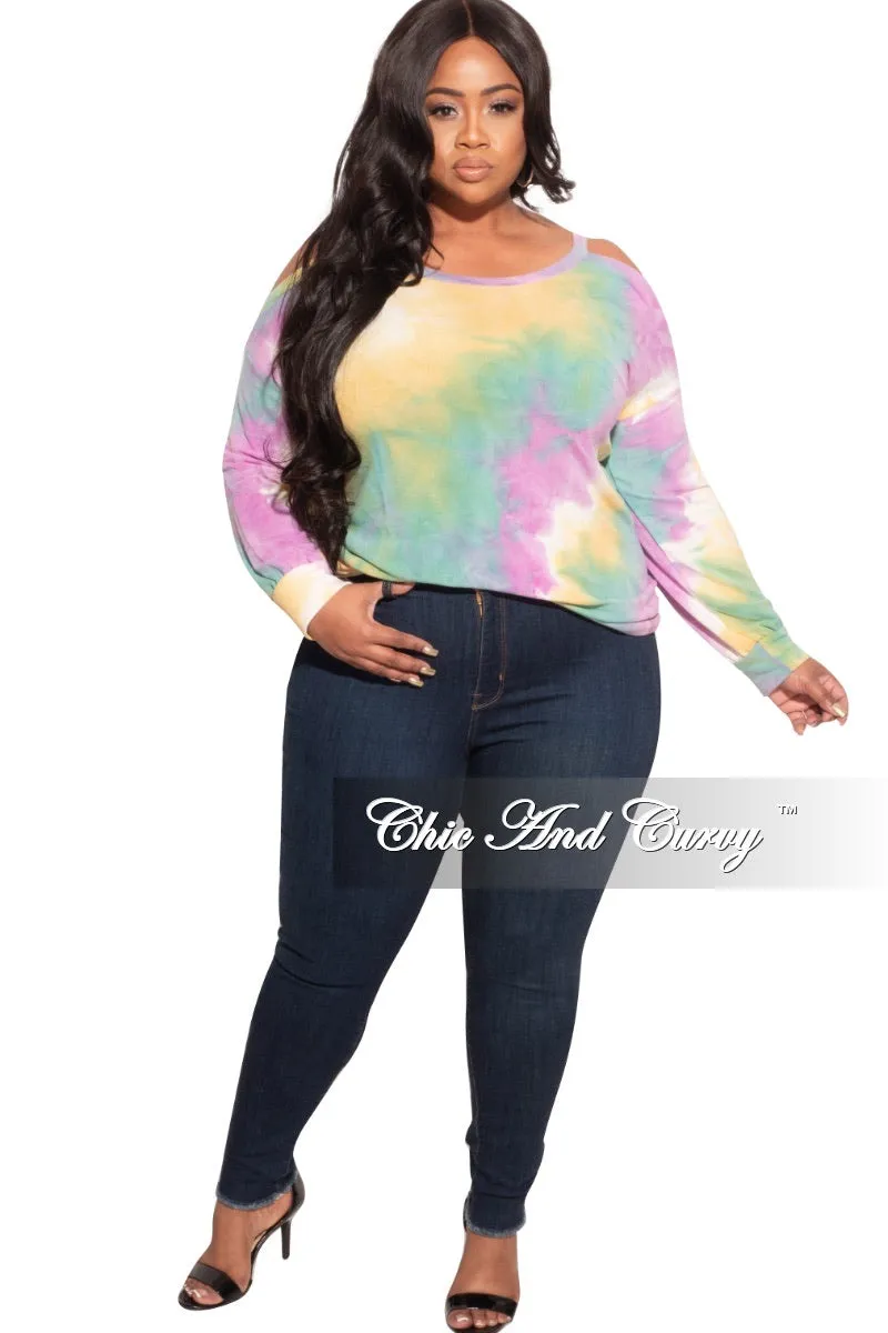 Ultra Soft Final Sale Plus Size Open Shoulder Tunic In Tie Dye Print