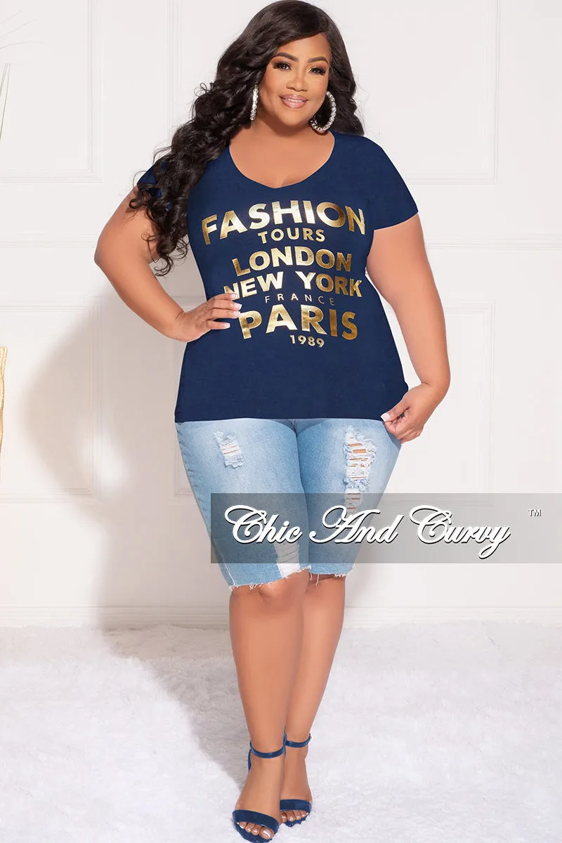 *Final Sale Plus Size "Fashion Tour" T-Shirt in Navy and Gold Mid-rise fit