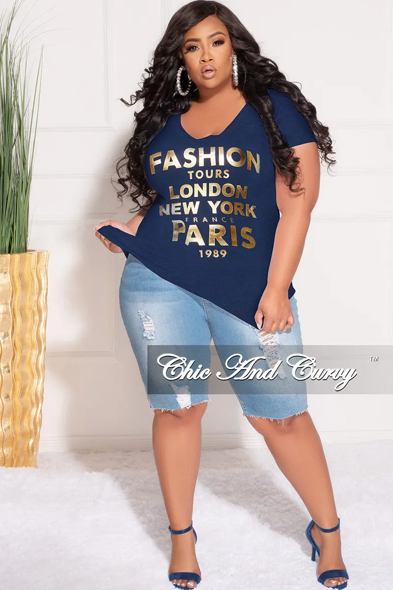 *Final Sale Plus Size "Fashion Tour" T-Shirt in Navy and Gold Polished Look