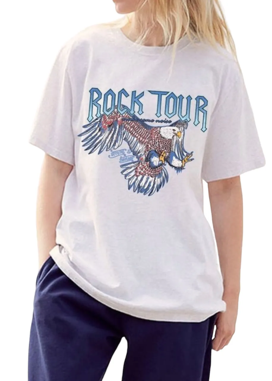 Comfort Fit Trendy Layering Final Sale Plus Size "Rock Tour'" Graphic Top in White and Blue