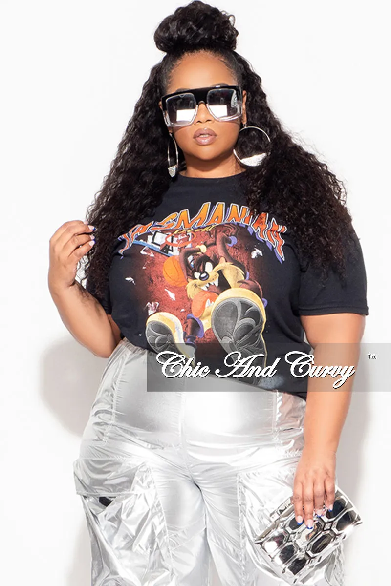Final Sale Plus Size "Tasmanian Devil" Graphic Top in Black No Fuss Double Needle Stitching