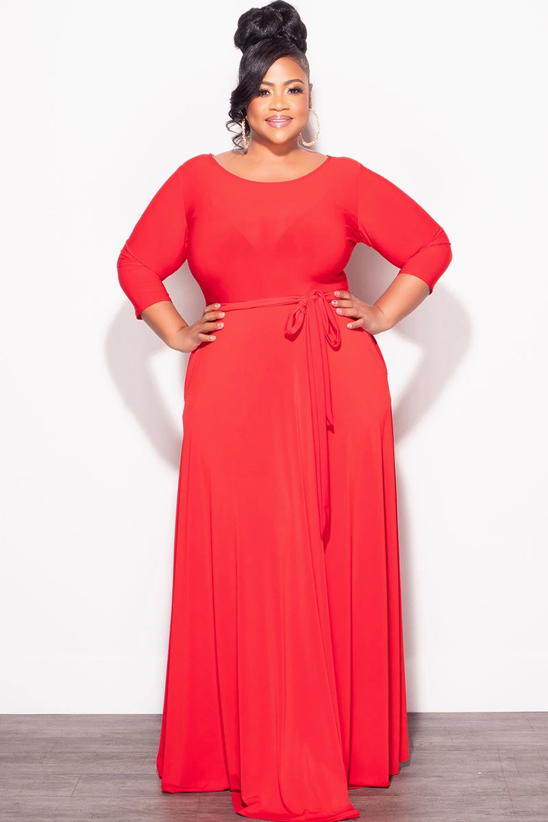 back to school coordinate with other items Final Plus Size Long Dress with 3/4 Sleeve and Tie in Red