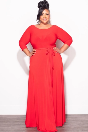 Adjustable Cuff Final Plus Size Long Dress with 3/4 Sleeve and Tie in Red