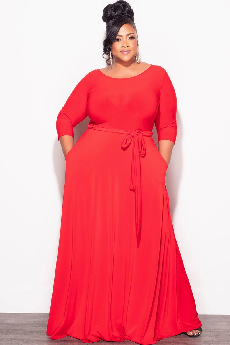 Final Plus Size Long Dress with 3/4 Sleeve and Tie in Red Bamboo Derived Material Flowing Design