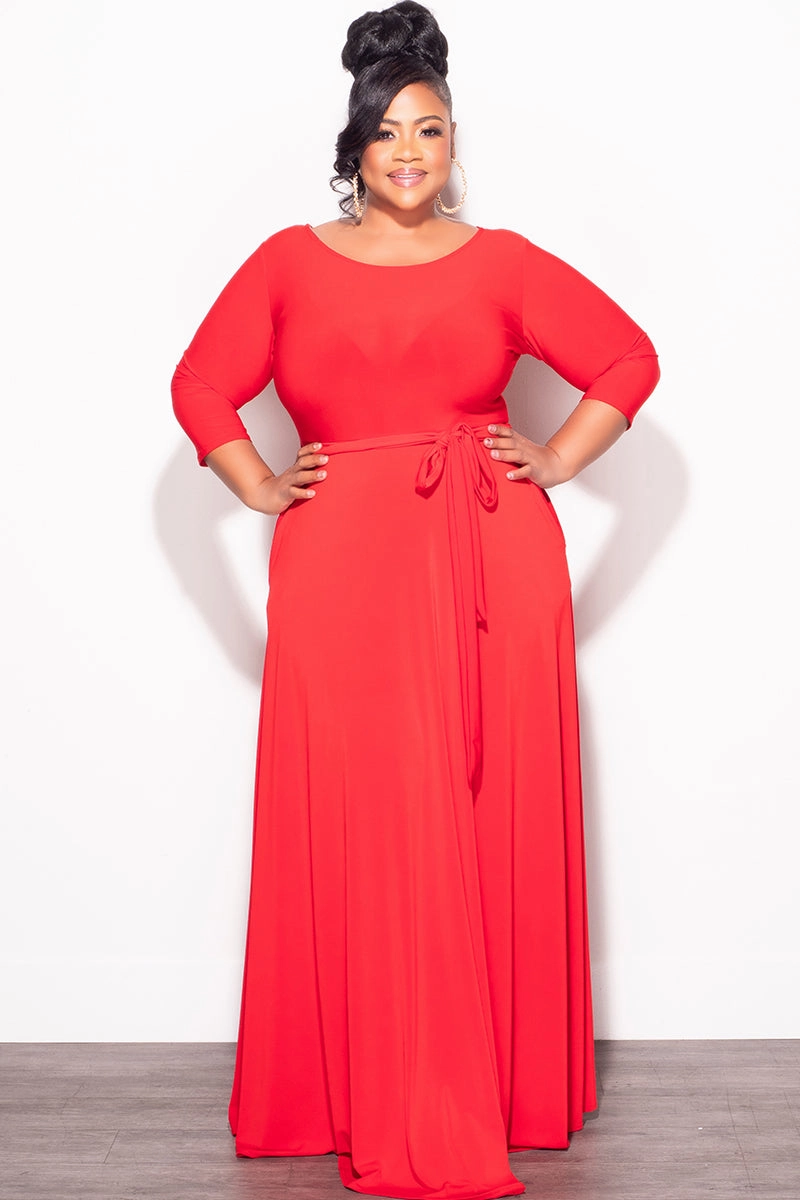 Adjustable Cuff Final Plus Size Long Dress with 3/4 Sleeve and Tie in Red