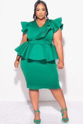 Layered Hem Detailing Final Plus Size Ruffle Peplum BodyCon Dress in Green Scuba