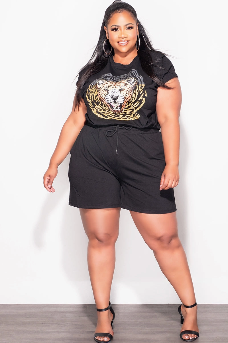 Weather Flex Flex Wear Design Final Sale Plus Size 2pc Bling Rhinestone Graphic Top and Short Set Set In Black