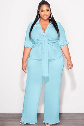 Final Sale Plus Size 2pc Button Up Collar Top and Pants Set in Aqua Linen Formal Look