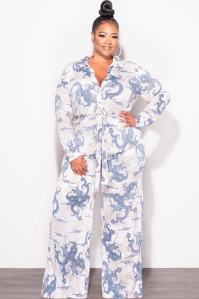 Anti Odor Technology ReinforcedBeltLoops Final Sale Plus Size 2pc Button Up Collar Top and Pants Set in Blue and Tan