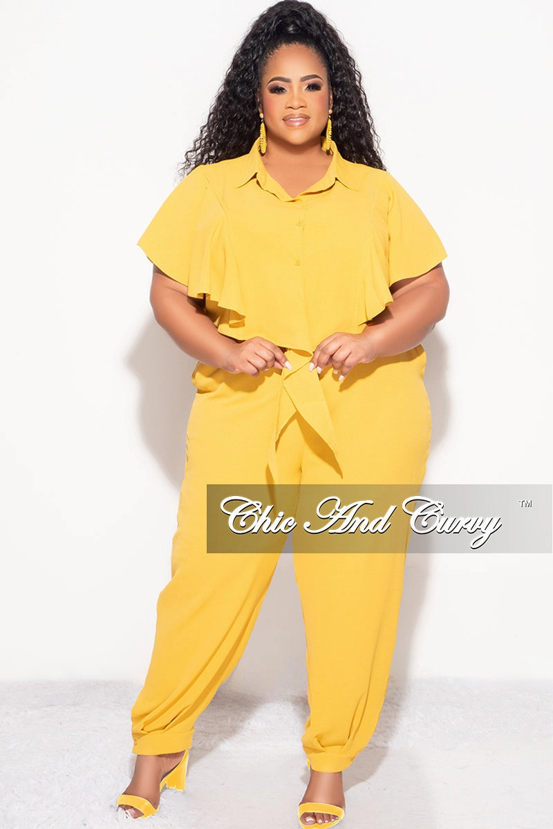 Durable Fabric Ergonomic Cut Final Sale Plus Size 2pc Button Up Collar Top and Pants Set in Mustard