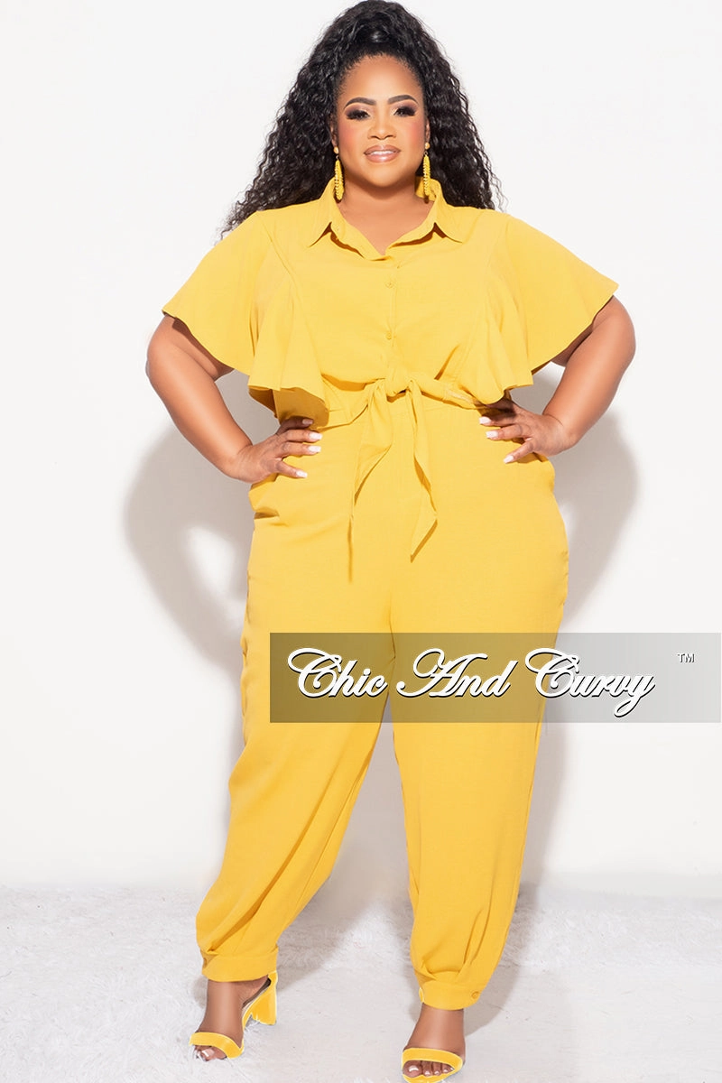 Anti Static Finish Basic Look Final Sale Plus Size 2pc Button Up Collar Top and Pants Set in Mustard