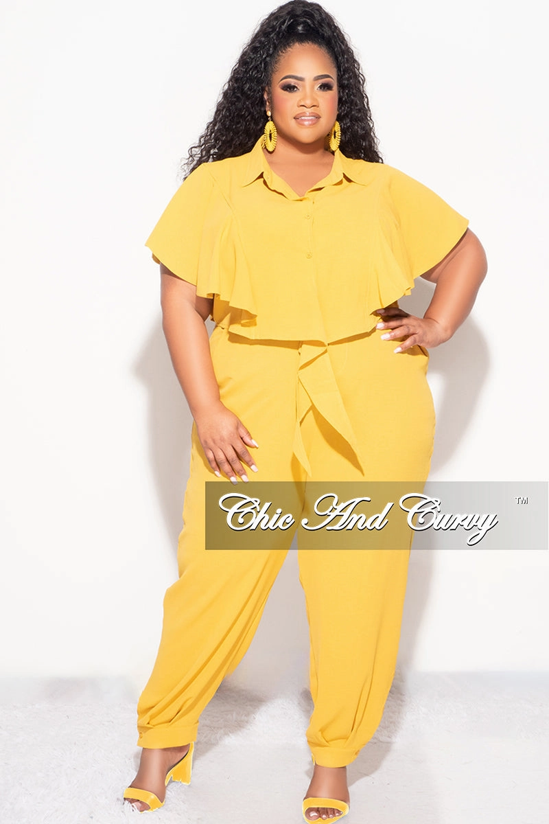 Final Sale Plus Size 2pc Button Up Collar Top and Pants Set in Mustard Hygienic Coating