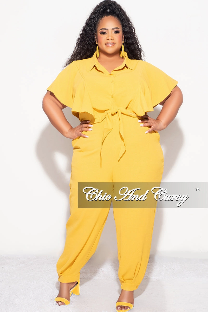 Final Sale Plus Size 2pc Button Up Collar Top and Pants Set in Mustard Cozy Touch Relaxed Comfort Look