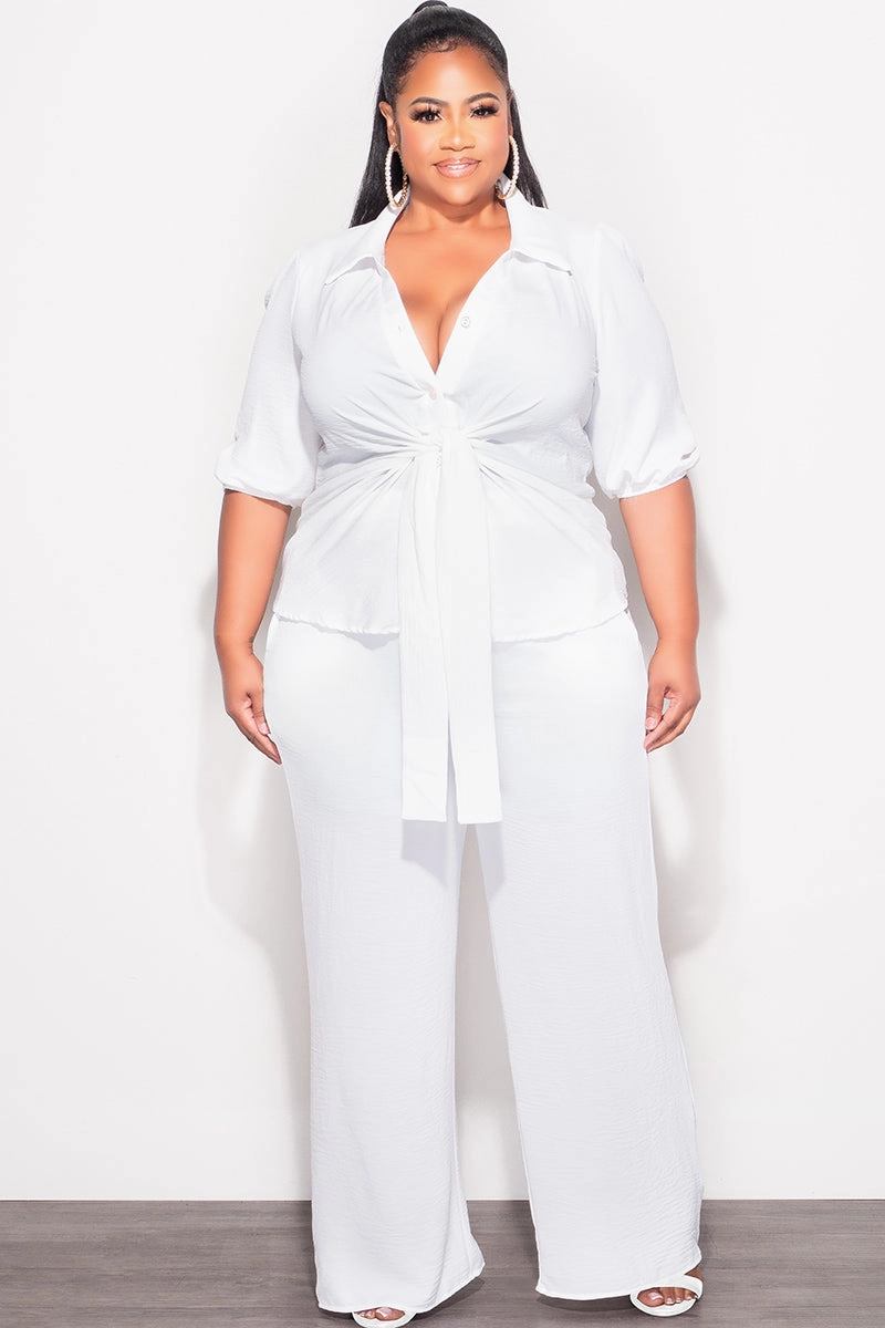 Final Sale Plus Size 2pc Button Up Collar Top and Pants Set in Off White Linen Anti Pilling Finish Casual Performance