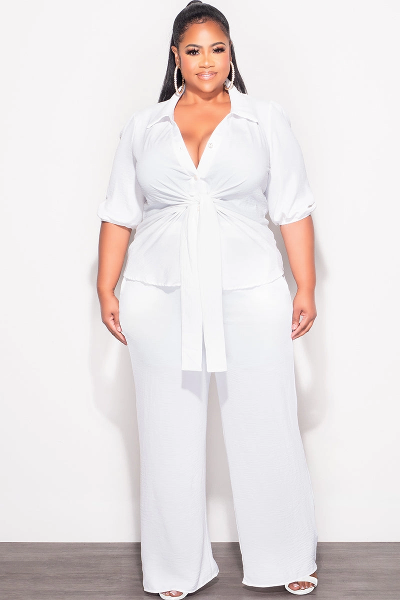 Ripstop Reinforcement Final Sale Plus Size 2pc Button Up Collar Top and Pants Set in Off White Linen