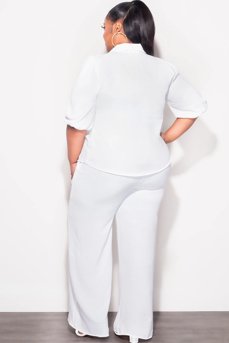 Final Sale Plus Size 2pc Button Up Collar Top and Pants Set in Off White Linen OdorResistantTreatment Base Layer