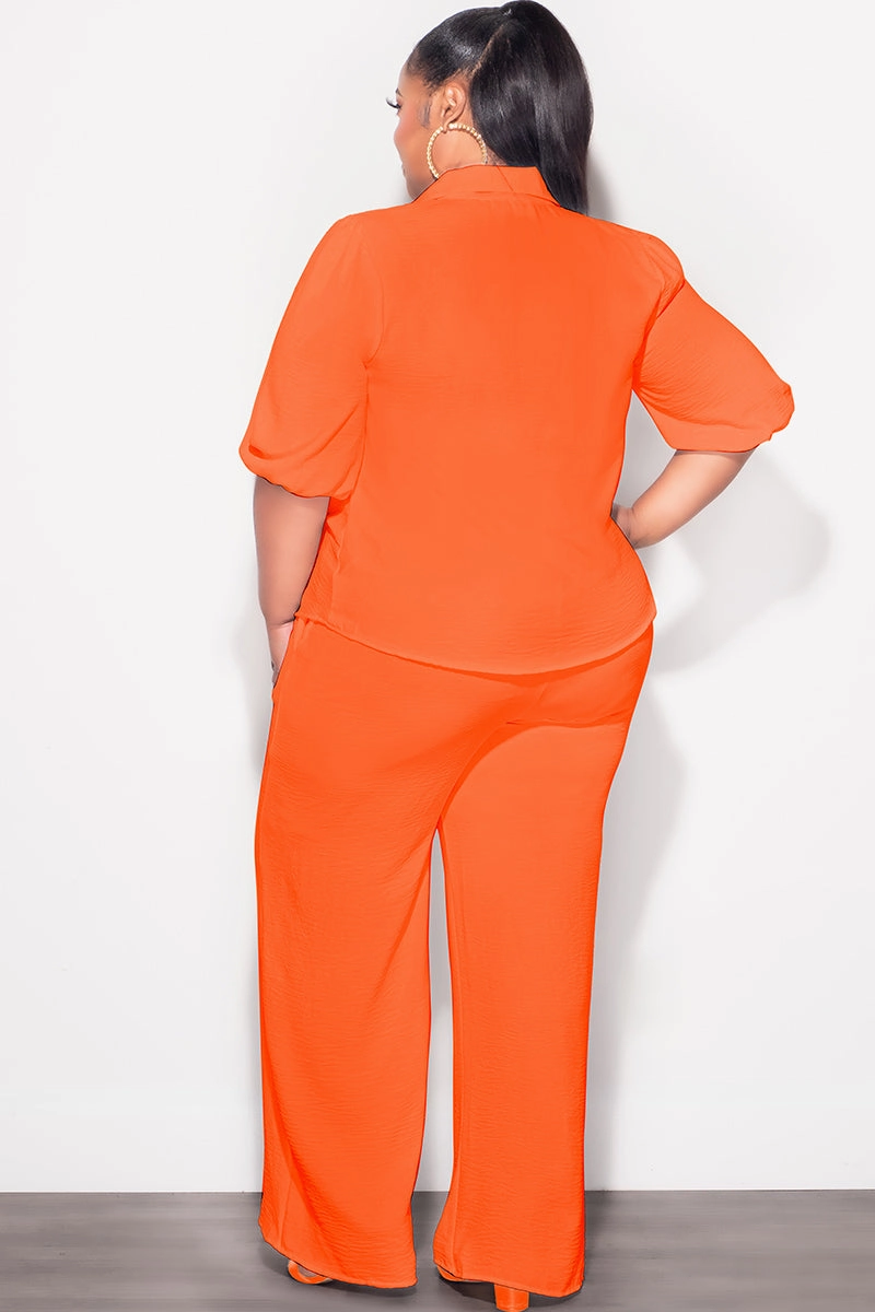 Daily Wear Final Sale Plus Size 2pc Button Up Collar Top and Pants Set in Orange Linen