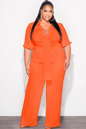 Final Sale Plus Size 2pc Button Up Collar Top and Pants Set in Orange Linen Stain Resistant Weave
