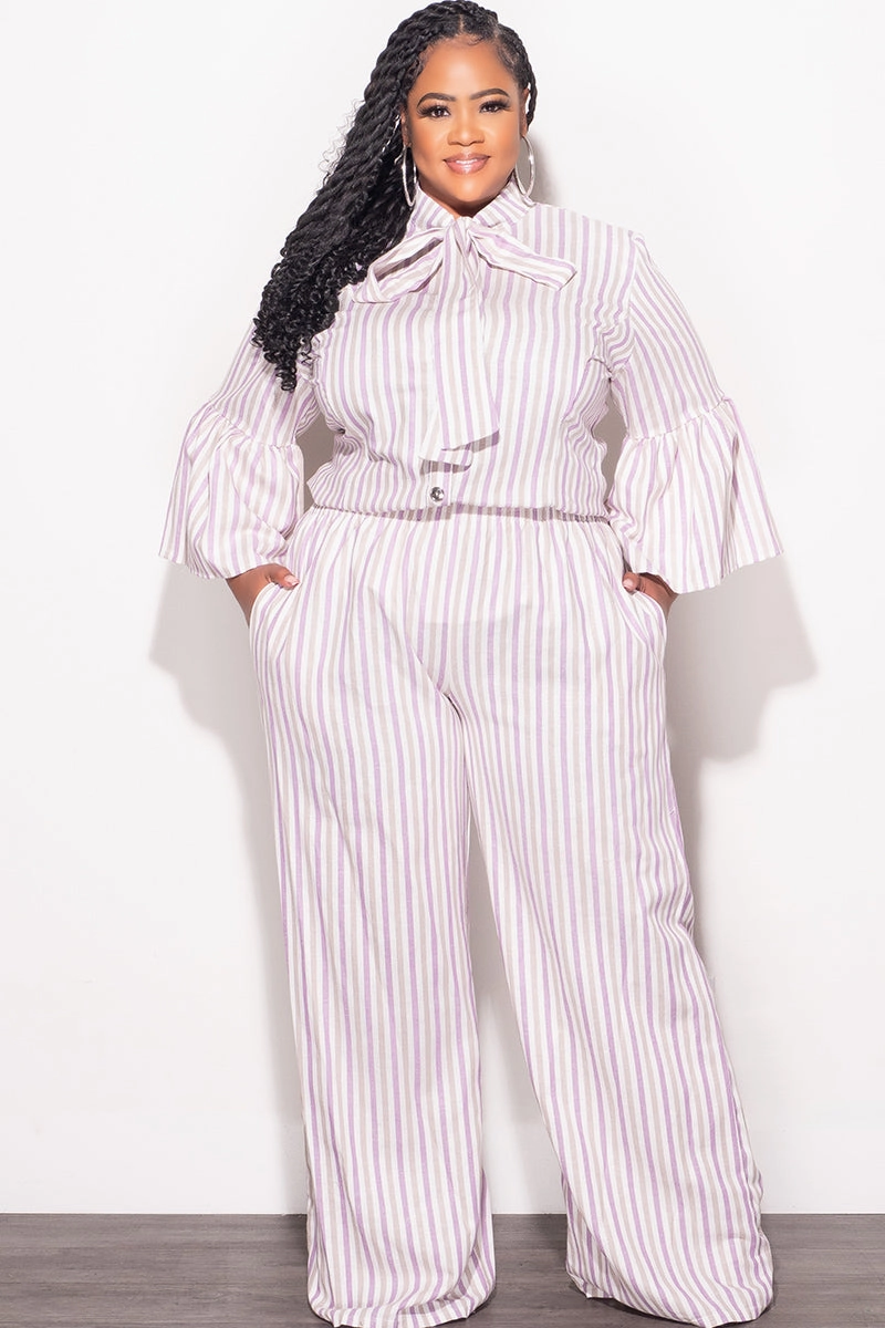 Final Sale Plus Size 2pc Button Up Neck Bow Tie Bell Sleeve Top and Flare Pants Set In Multi Color Strip Print Casual Appeal Flexible Waistband