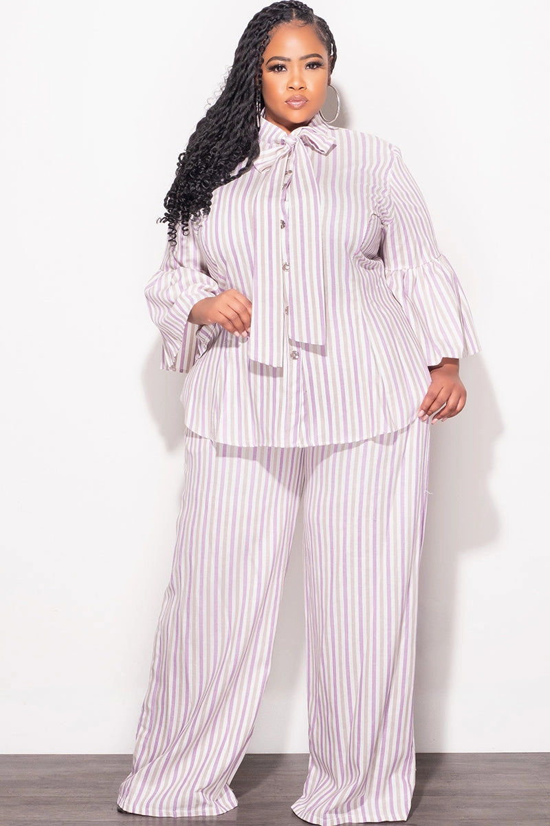 Chilly Weather Final Sale Plus Size 2pc Button Up Neck Bow Tie Bell Sleeve Top and Flare Pants Set In Multi Color Strip Print