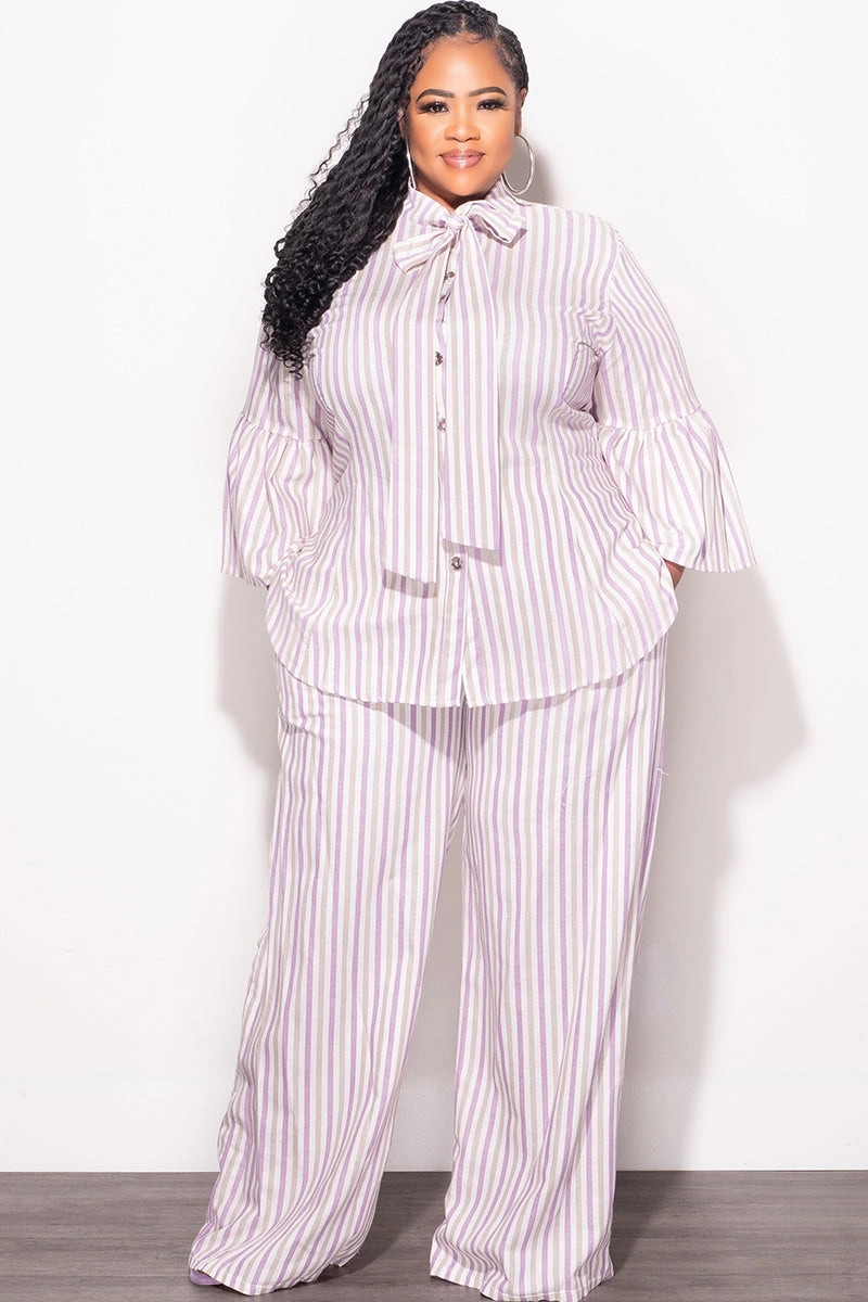 Final Sale Plus Size 2pc Button Up Neck Bow Tie Bell Sleeve Top and Flare Pants Set In Multi Color Strip Print Casual Flex Seamless construction