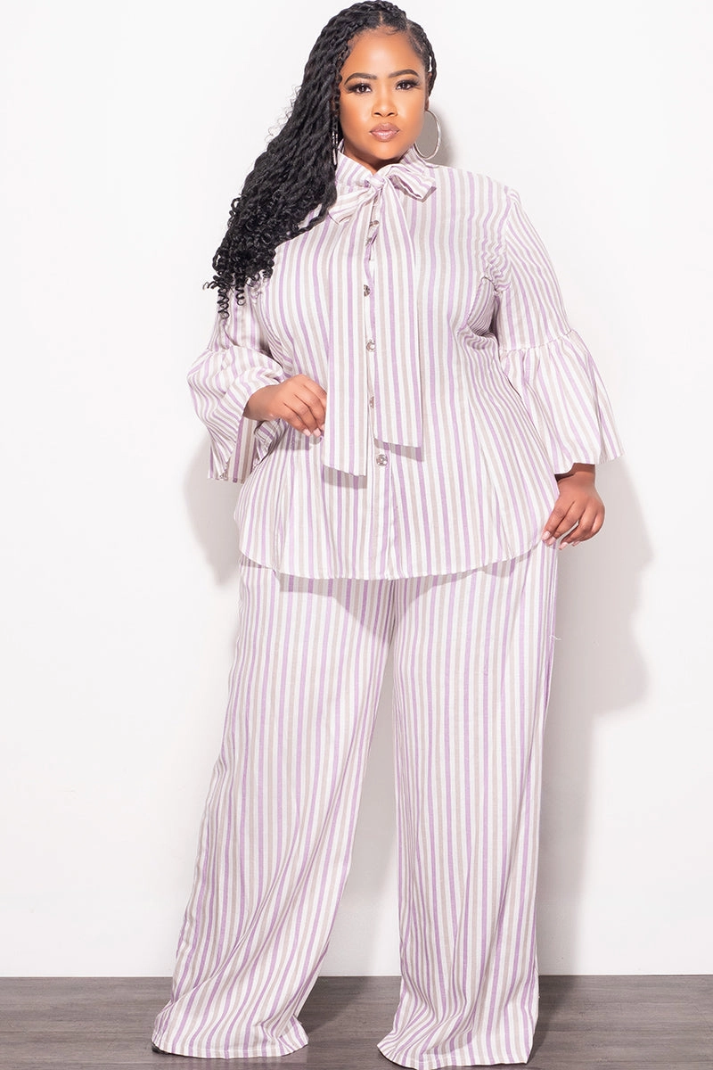 Perfect Length Comfort Control Final Sale Plus Size 2pc Button Up Neck Bow Tie Bell Sleeve Top and Flare Pants Set In Multi Color Strip Print
