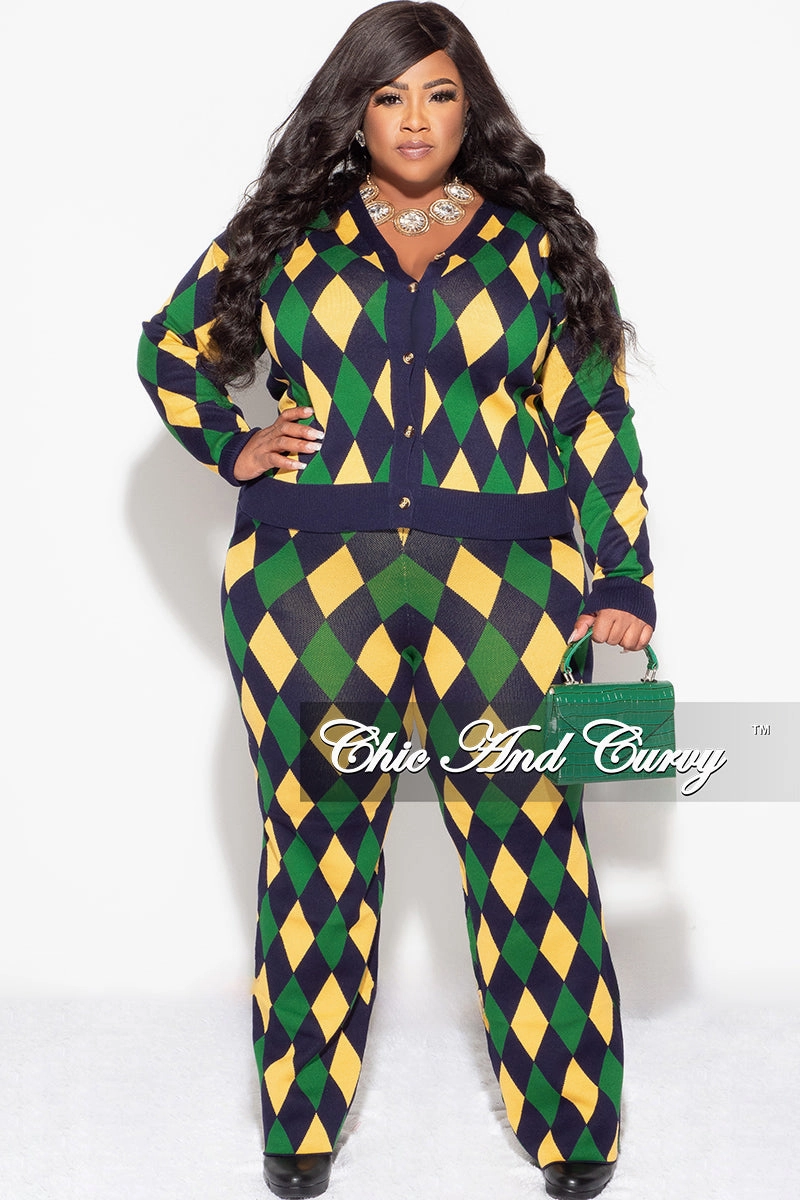 Final Sale Plus Size 2pc Button Up Sweater and Pant Set In Green and Yellow Diamond Print Fashion-Forward Quick Motion
