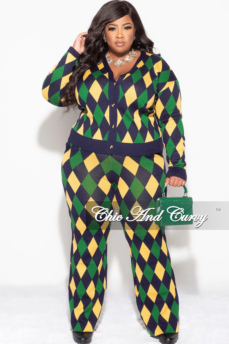 Modern Layer Final Sale Plus Size 2pc Button Up Sweater and Pant Set In Green and Yellow Diamond Print