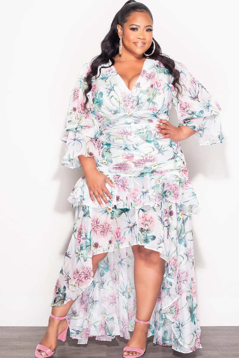 Day Hike Final Sale Plus Size 2pc Chiffon Long Sleeve Crop Top and Highlow Ruffle Layered Skirt Set in Multi Color Floral Print