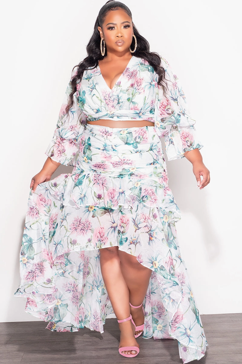 Comfort Design Final Sale Plus Size 2pc Chiffon Long Sleeve Crop Top and Highlow Ruffle Layered Skirt Set in Multi Color Floral Print