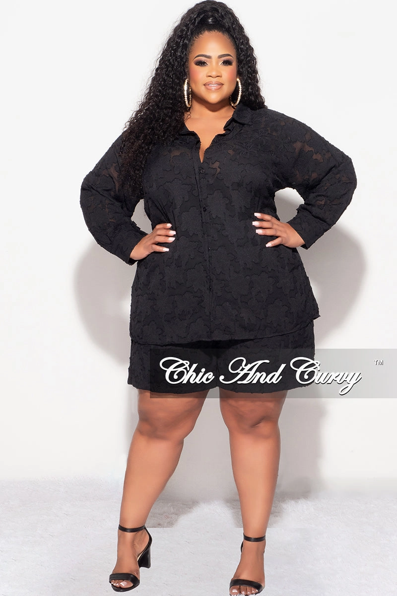 Final Sale Plus Size 2pc Collar Button Up Top And Short Set In Black Reinforced Pockets Light Fit
