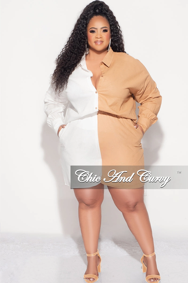 Final Sale Plus Size 2pc Collar Button Up Top and Short Set in Tan and White TaglessComfort Chic Design