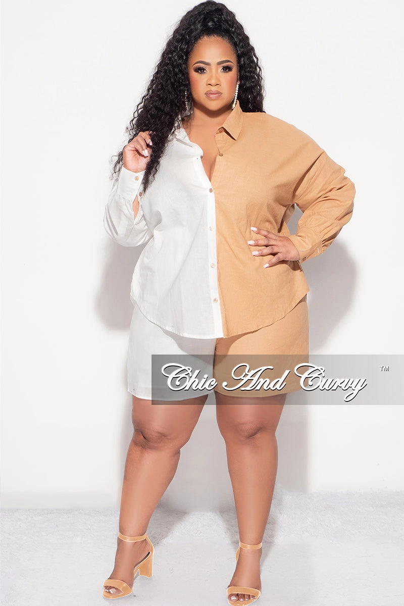 Low Profile Waistband Hypoallergenic fabric Final Sale Plus Size 2pc Collar Button Up Top and Short Set in Tan and White