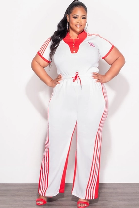 Tough Materials Final Sale Plus Size 2pc Color-Block Collar Crop Top and Pants Set in White and Red
