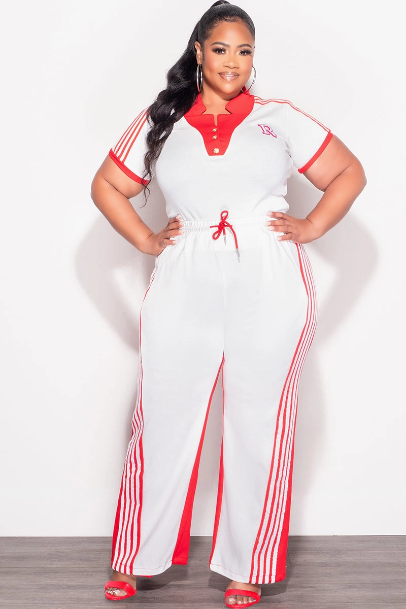 Final Sale Plus Size 2pc Color-Block Collar Crop Top and Pants Set in White and Red Air Comfort Bold Waistband