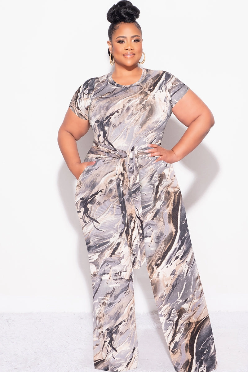 Modular Pocket System Final Sale Plus Size 2pc Crop Tie Top and Pants Set in Grey Multi Color Print