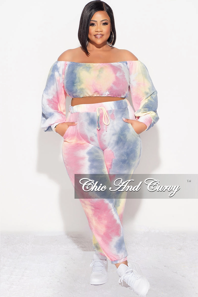 ElasticCuffs Final Sale Plus Size 2pc Crop Top and Pants Set in Pastel Rainbow