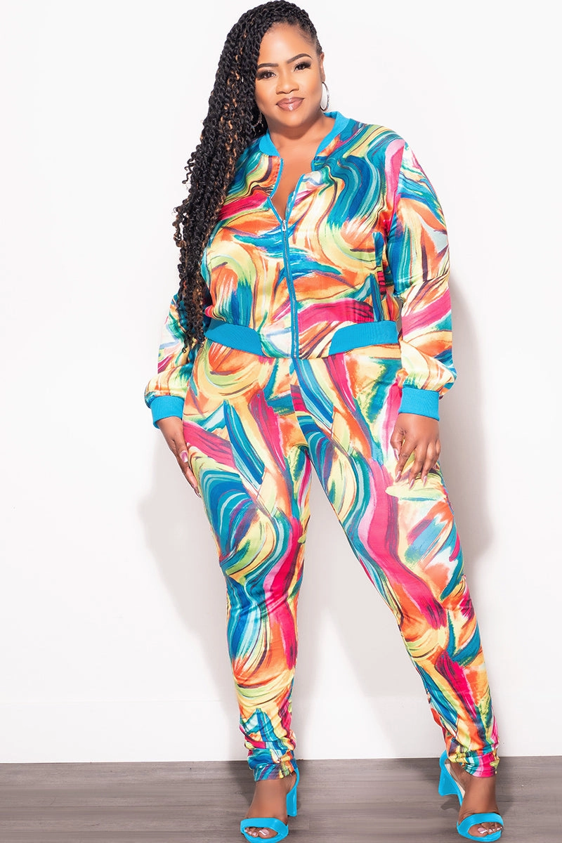 Casual Office Final Sale Plus Size 2pc Cropped Satin Zip-Up Jacket and Pants Set in Multi Color Swirl Print