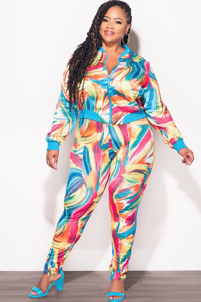Final Sale Plus Size 2pc Cropped Satin Zip-Up Jacket and Pants Set in Multi Color Swirl Print Casual Office