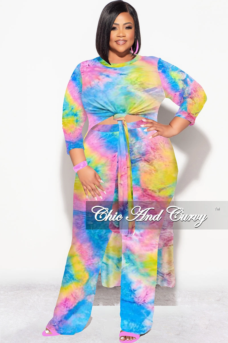 Final Sale Plus Size 2pc Double Slit Top and Set in Rainbow Tie Dye NonBindingWaistline Anti Static Lining