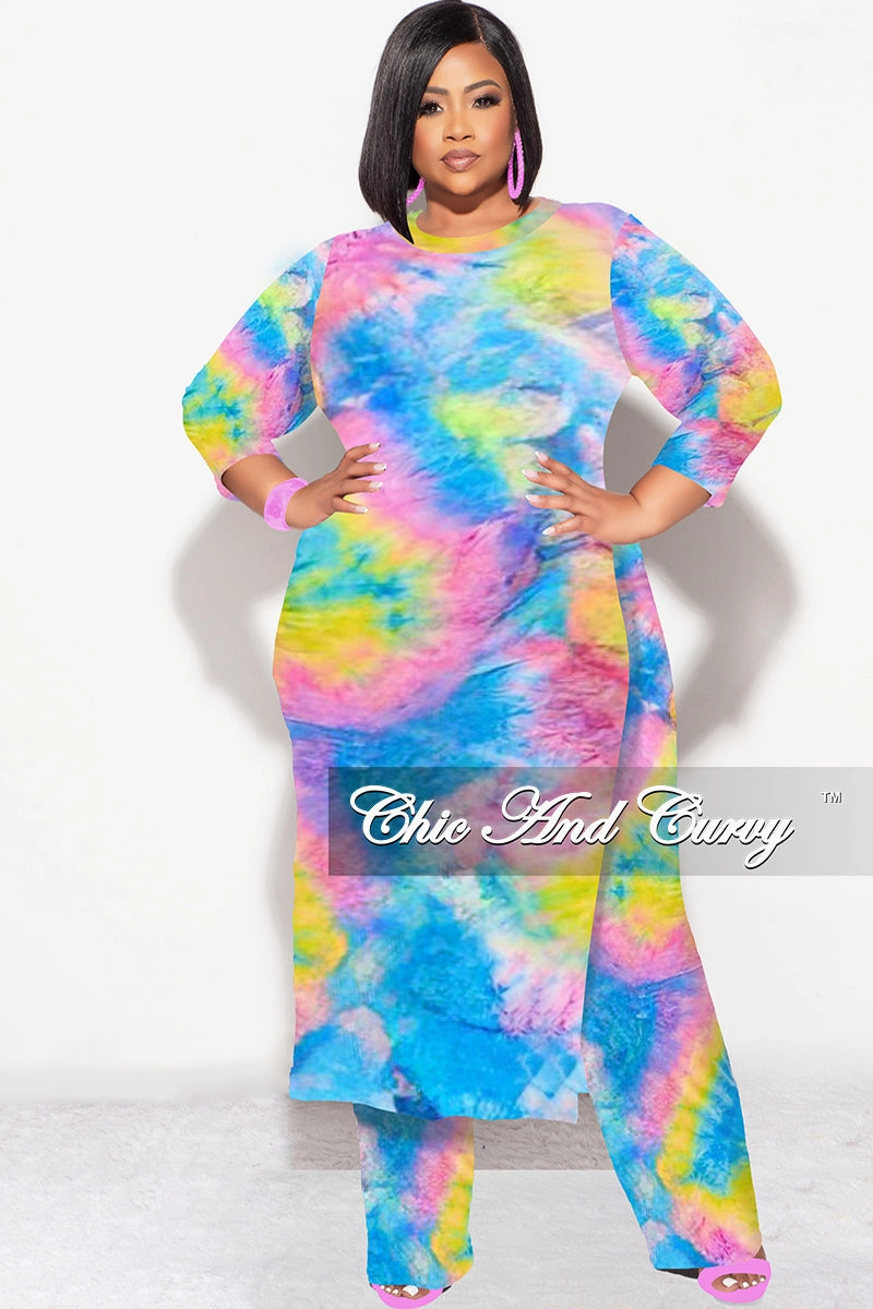 Seam-Free Bold Waistband Final Sale Plus Size 2pc Double Slit Top and Set in Rainbow Tie Dye