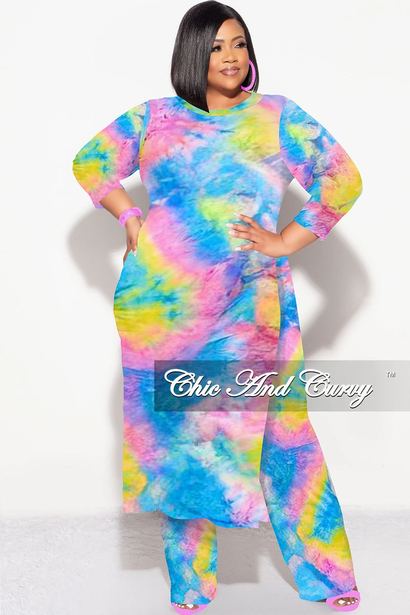 Heat Friendly Day Adventure Final Sale Plus Size 2pc Double Slit Top and Set in Rainbow Tie Dye