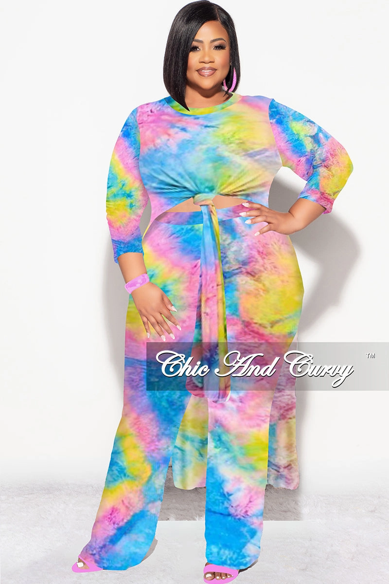 Final Sale Plus Size 2pc Double Slit Top and Set in Rainbow Tie Dye All terrain