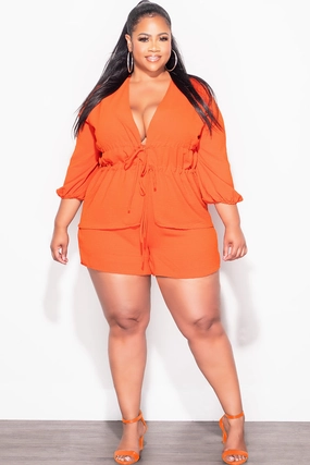 Final Sale Plus Size 2pc Drawstring Top and Shorts Set in Burnt Orange Light Fit Wear Outdoor Fit
