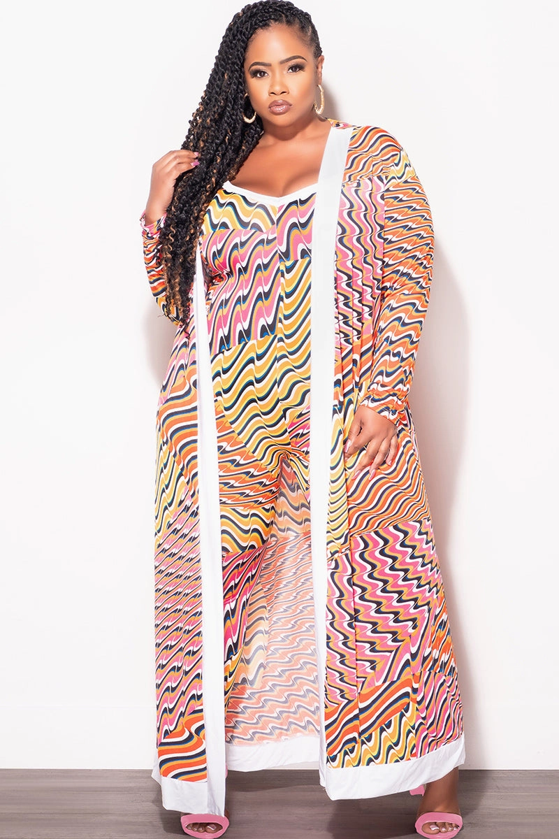 Final Sale Plus Size 2pc Duster & Spaghetti Strap Jumpsuit Set in Orange Multi Color Print Stain Resistant Weave Supportive Fit