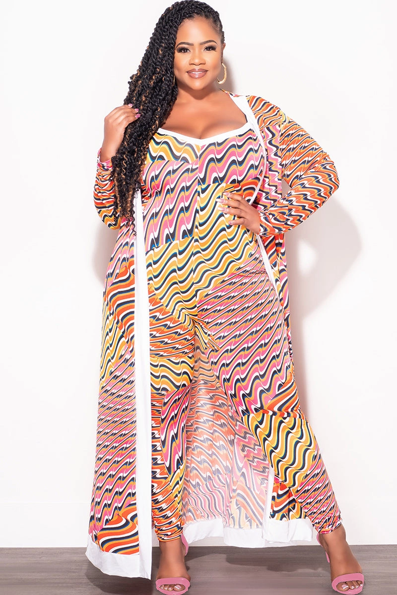 Final Sale Plus Size 2pc Duster & Spaghetti Strap Jumpsuit Set in Orange Multi Color Print Dark wash Perfect Movement
