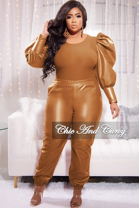 Final Sale Plus Size 2pc Faux Leather Puff Sleeve Top and Pants Set in Cognac EcoFriendly Dye