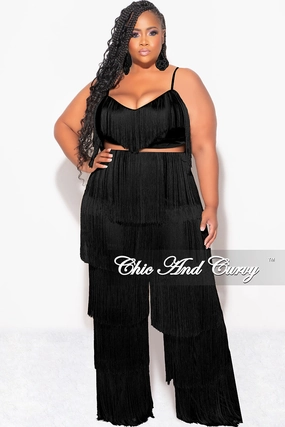 Cozy Style Final Sale Plus Size 2pc Fringe Layered Bra Top and Pants Set In Black