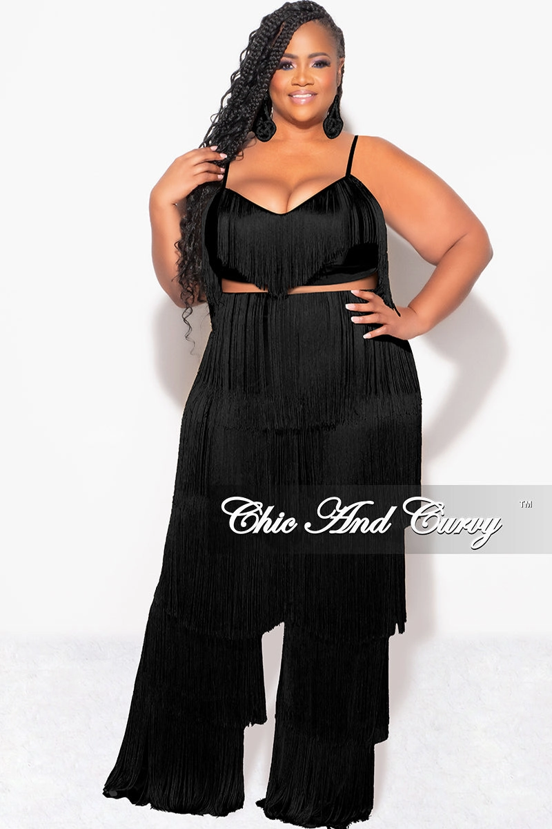 Smart Style Final Sale Plus Size 2pc Fringe Layered Bra Top and Pants Set In Black